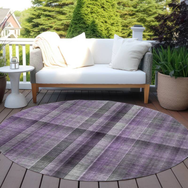 Hafi Plaid Weather Resistant Timeless Fusion Round Outdoor Rug - 8' Round