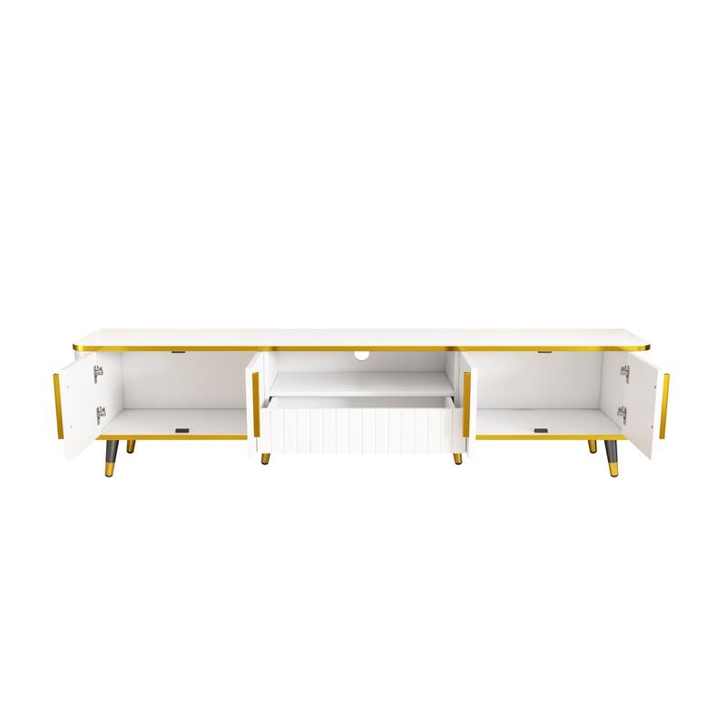 Elegant 79-Inch TV Stand with Ample Storage, Golden Elements, and Sleek Design - Ideal for Large Living Spaces.