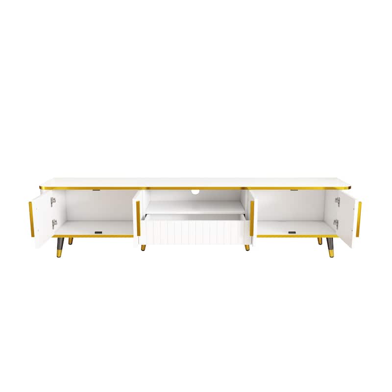 Roomfitters Modern Minimalist TV Stand for TVs up to 85", Luxury Media Console with Open Storage Shelf, Cabinets and Unique Legs