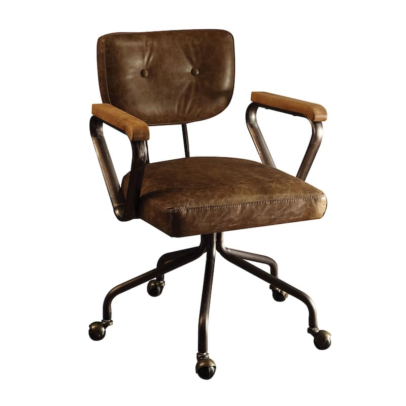 Vintage Top Grain Leather Cushion Office Chair Wooden Armrest Metal Base Executive Chairs with