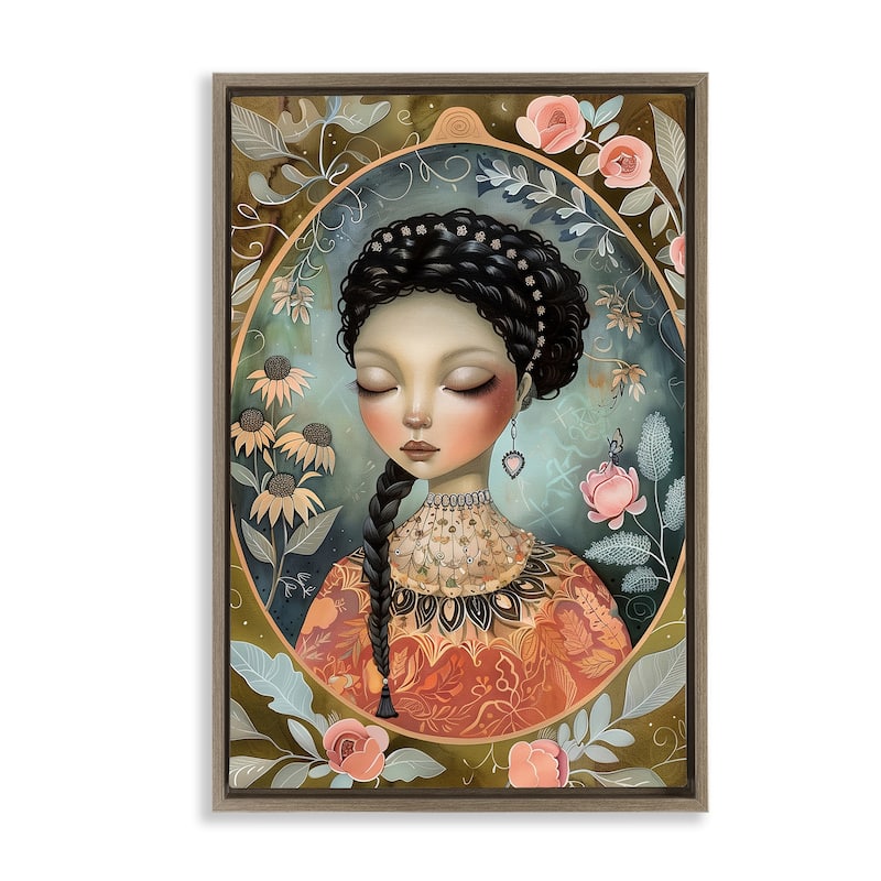 Stupell Floral Edged Portrait of Woman Framed Floater Canvas Wall Art Design By The Dutch Lady - 17 x 25 - Brown