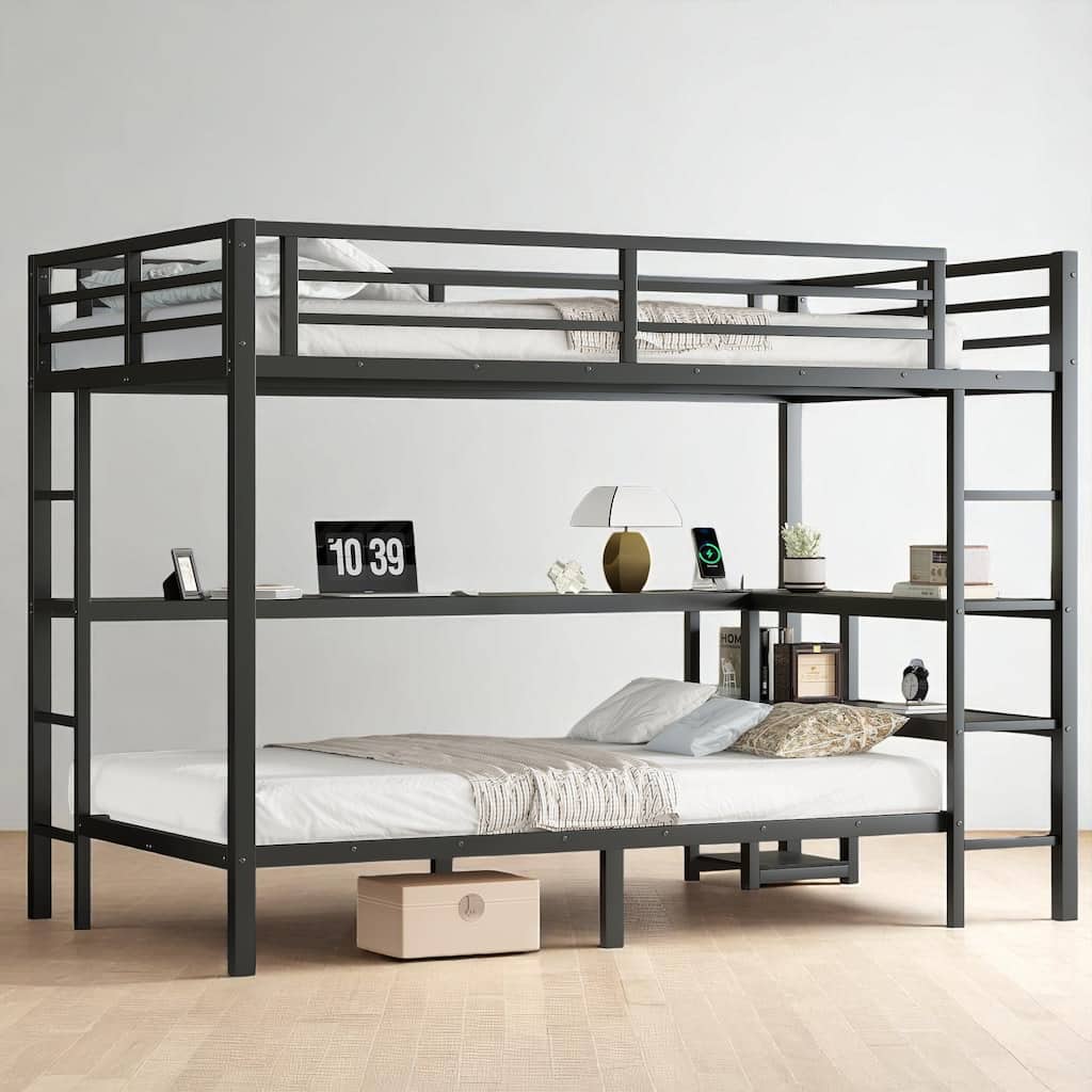 Full Over Twin Bunk Bed with Desk, Bookshelves, USB, LED Lighting, Multiple Ladder Placements, Space-Saving Frame