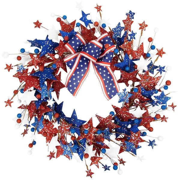 slide 2 of 9, Stars and Stripes Glittered Patriotic Artificial Twig Wreath - 24"