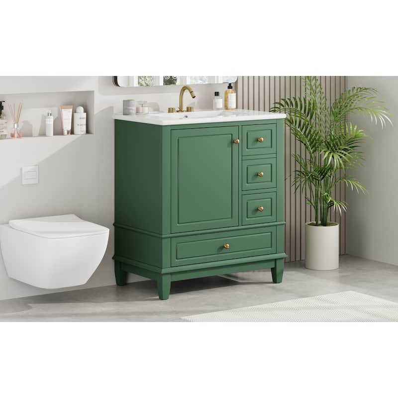Roomfitters Bathroom Vanity with Sink, Single Door with Shelf and Three Drawers, Soft Close Door Design