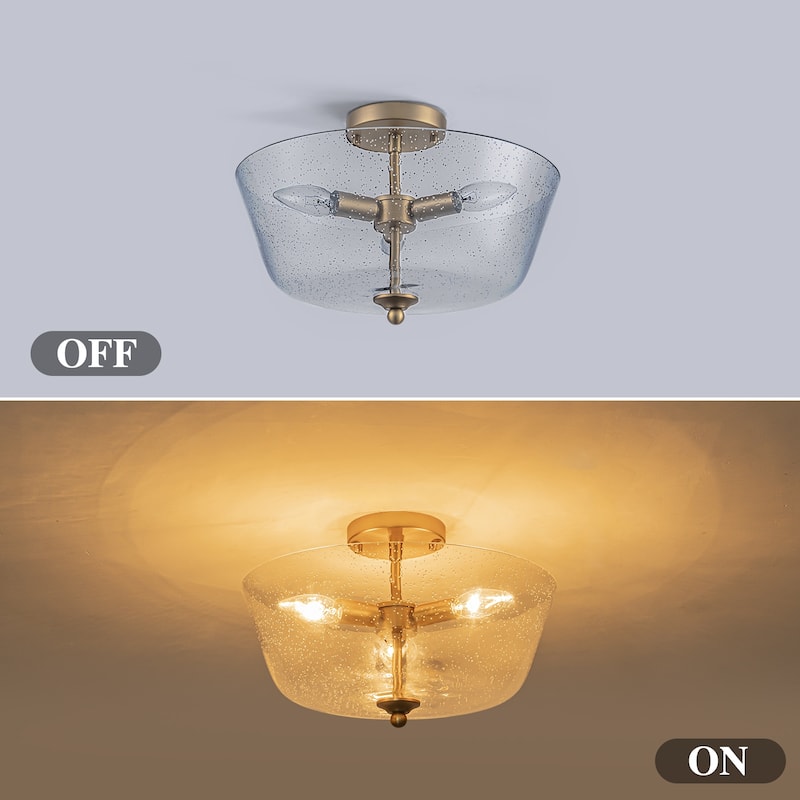 Modern Transitional 3-Light Seeded Glass Drum Flush Mount Foyer Ceiling Lights - Brass