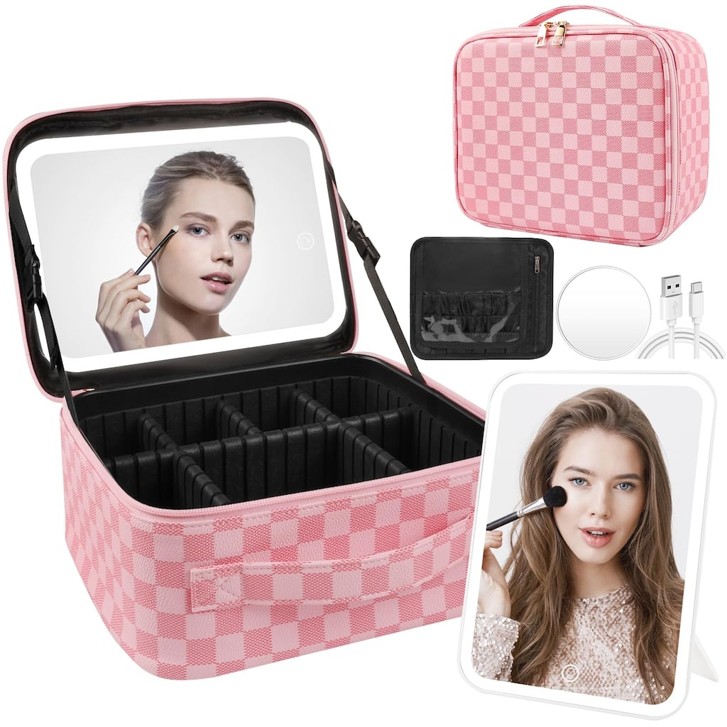 Makeup Bag with Lighted Mirror, Travel Make up Train Case with Adjustable Brightness Vanity Mirror and Detachable