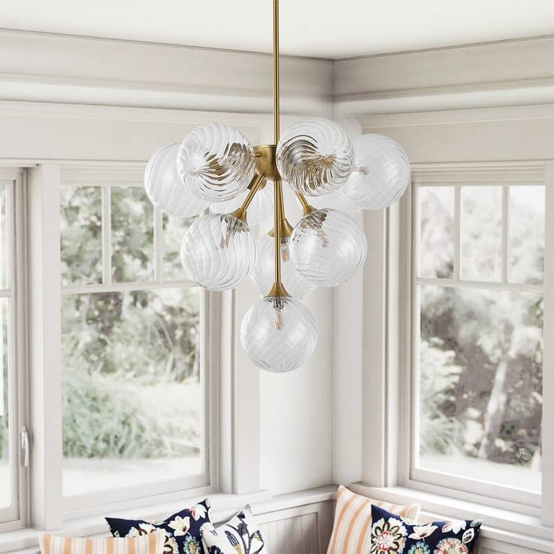 Modern 10-Light Chandelier with Swirl Clear Glass Globes and Brass Finish