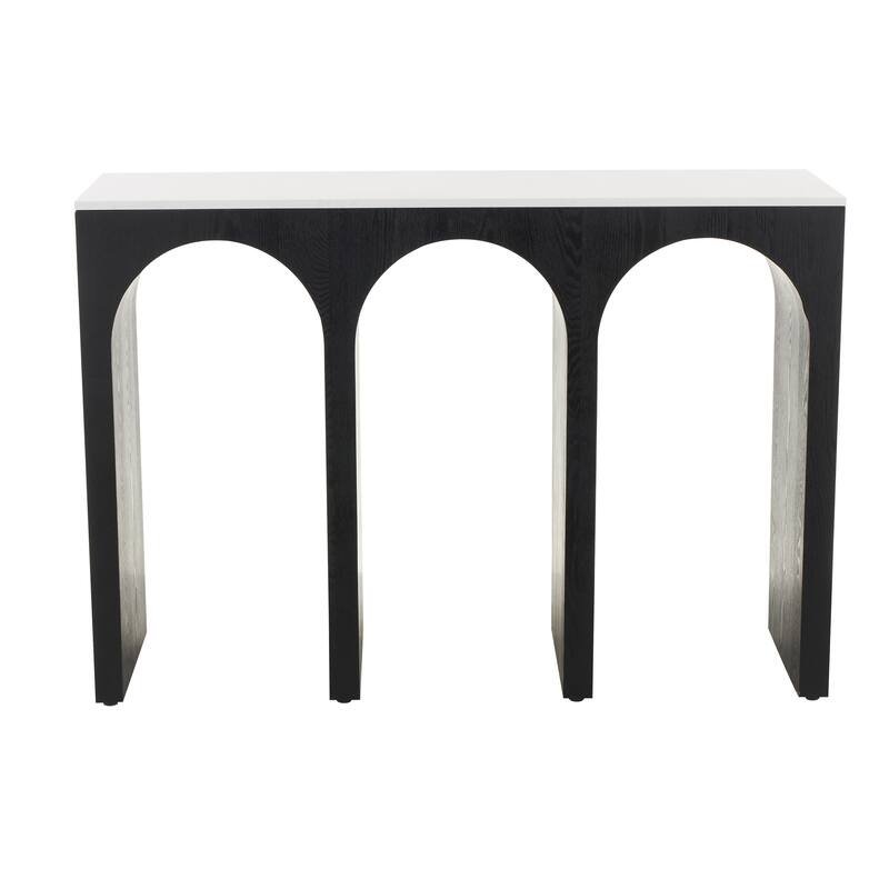 Black Wood Art Deco Arched Cutout Living Room Console Table with White Marble Tabletop