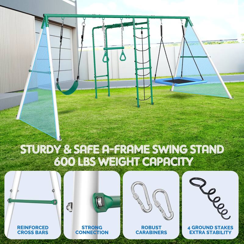 5 IN 1 Metal Swing Sets for Backyard with 2 Swings, Climbing Net, Trapeze Bar
