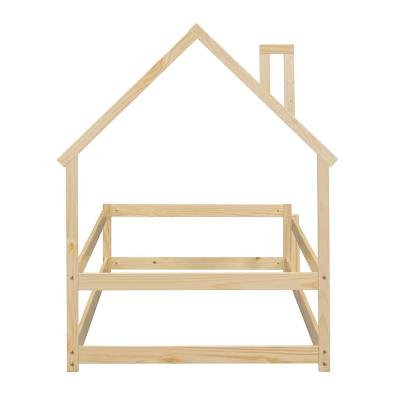 Twin Size Wood bed with House Shaped Headboard Floor Bed with Fences