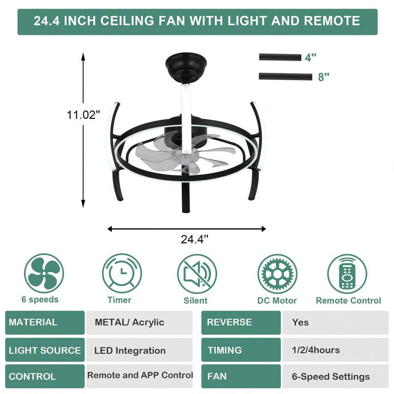 Cusp Barn 24 Inch Modern DIY Ceiling Fan with Dimmable LED Light, Silent DC Motor, 3 Color Changing Light Fixtures for Bedroom