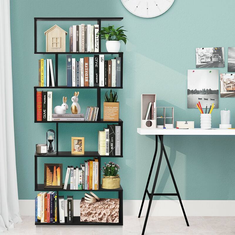 Gymax 6 Tier S-Shaped Bookshelf Storage Display Bookcase Decor Z-Shelf - 31.5'' x 9'' x 75''