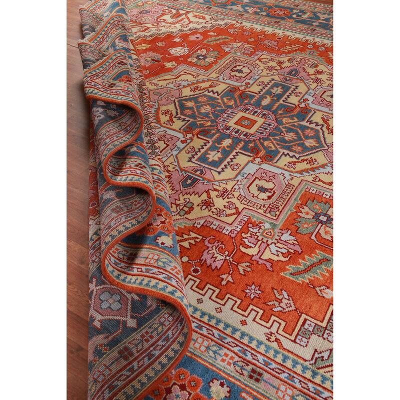 Hand Knotted Oriental 100% Wool Carpet Traditional Medallion Oranges & Rust Heriz (serapi) Area Rug - 14' 9'' X 11' 10''