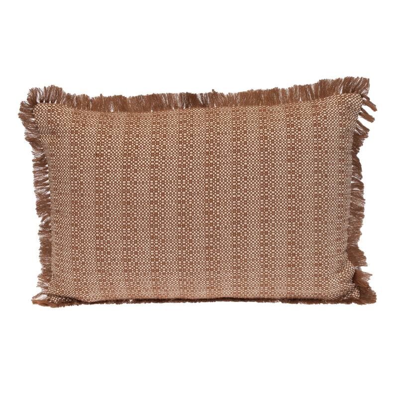 14" X 20" Brown and White Cotton Lumbar Throw Pillow with Fringe