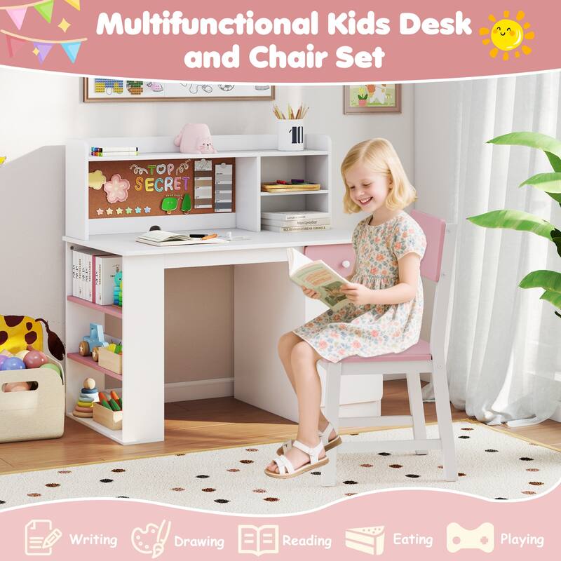 Gymax Kids Desk & Chair Set w/Chair Hutch 3-Layer Side Shelf Storage