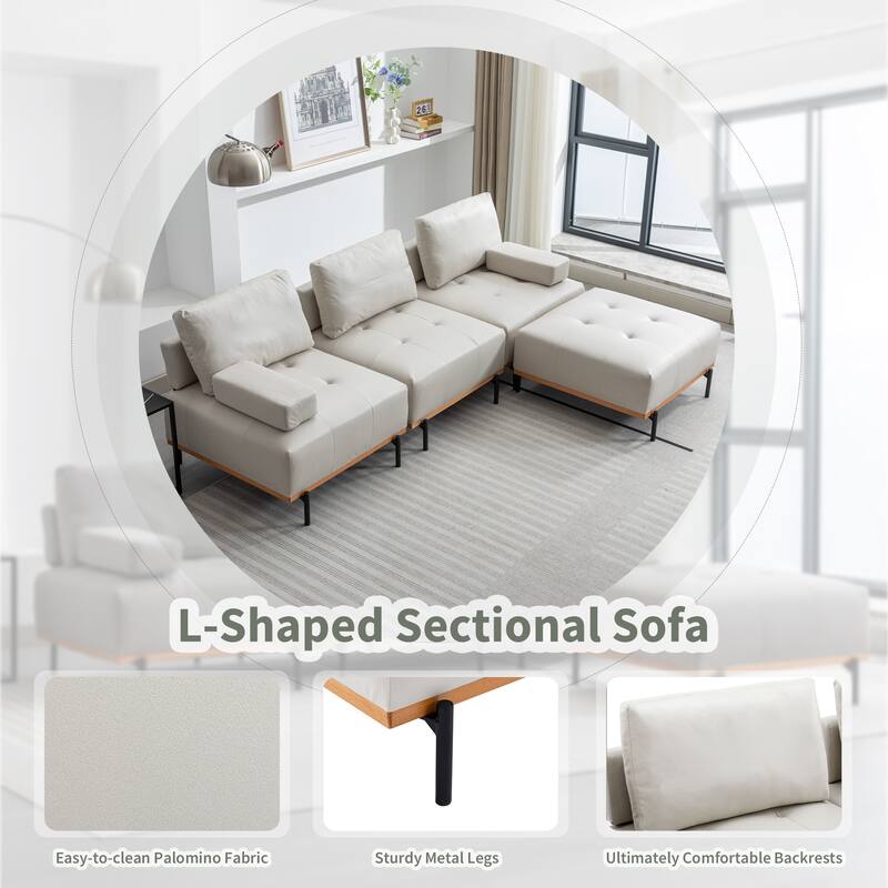 Beige 100.7'' L-Shaped 3 Seat Sectional Sofa Couch with Movable Ottoman and Removable Back Cushions for Living Room