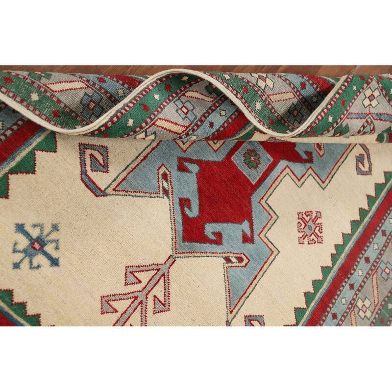 Ivory Kazak Oriental Accent Rug Hand-Knotted Tribal Wool Carpet - 3'11" x 5'7"
