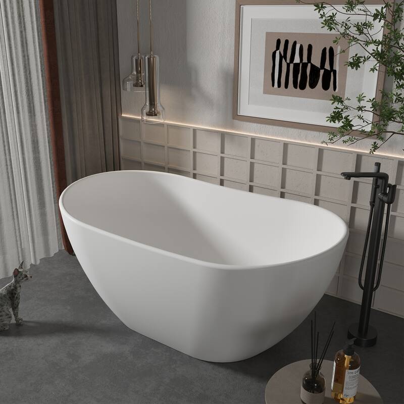 CASAINC Matte White Soaking Bathtub Solid Surface Stone Bathtub with Center Drain