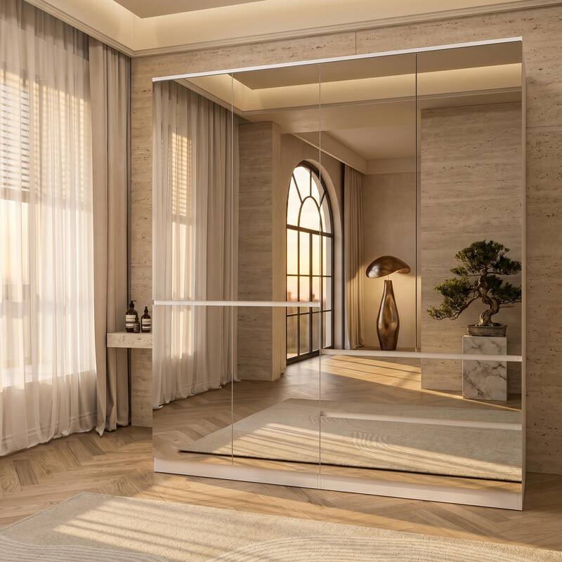 Modern Mirrored Wardrobe Armoire with Hanging Rod White Bedroom Storage Cabinet, Freestanding Closet Organizer