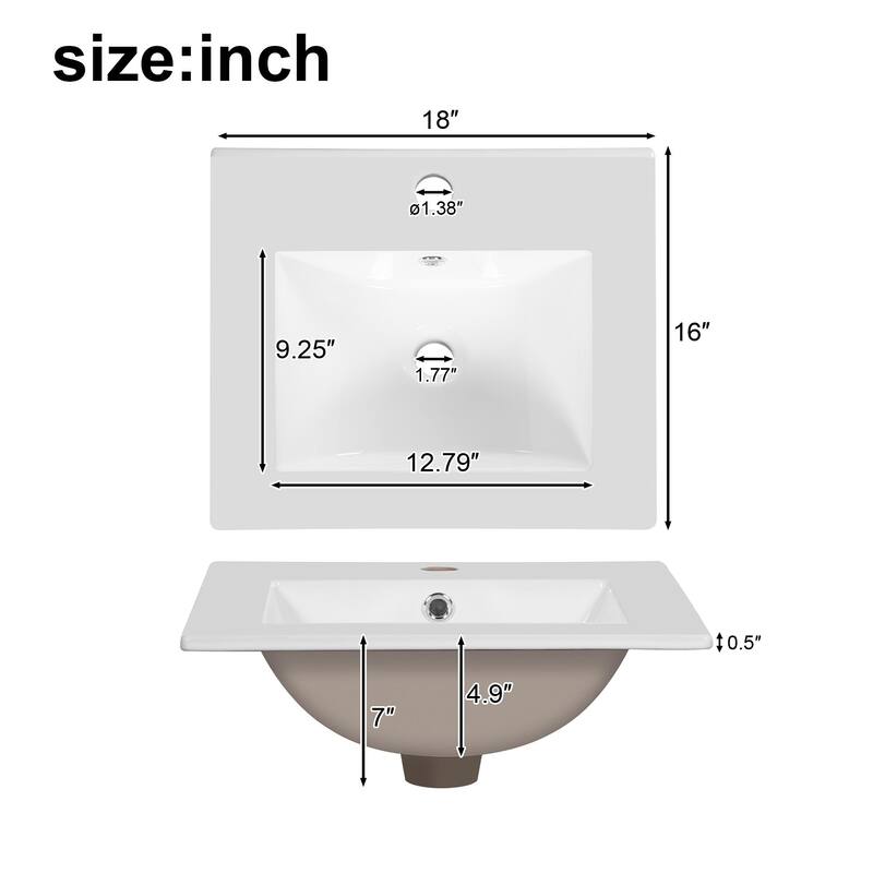 18" Small Bathroom Vanity with Ceramic Sink, Freestanding Storage Cabinet with Soft Close Drawer and Door, Adjustable Shelf