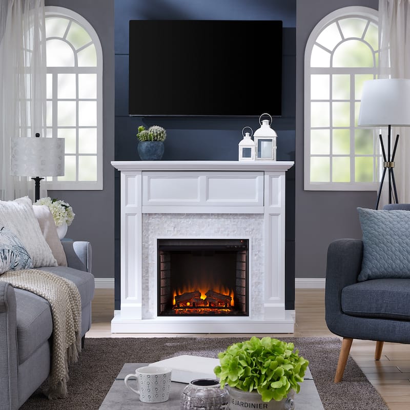 SEI Furniture Rehni Tiled Media Electric Fireplace Console - Brick Accent Firebox