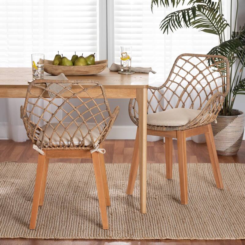 Ballerina Modern Bohemian Greywashed Rattan and Natural Brown Finished Wood 2-Piece Dining Chair Set