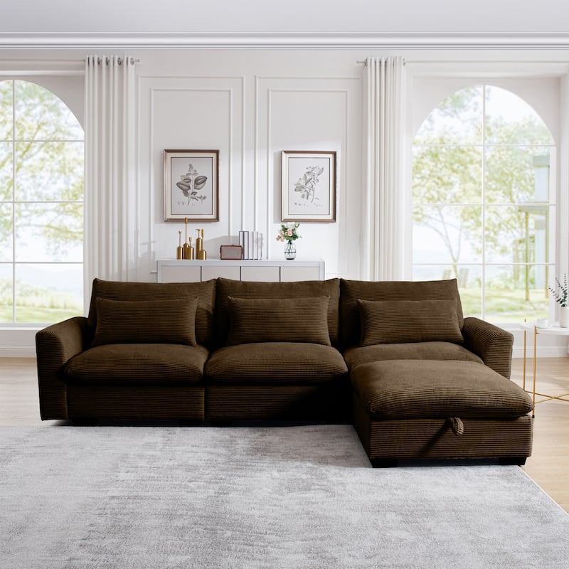 122" Modular Corduroy Sectional Sofa with Storage Ottoman for Living Room