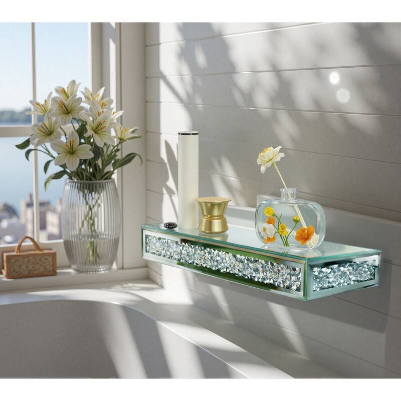 2 Pcs Crushed Diamond Display Shelves for Wall Stylish Floating Wall Shelf for Plants Mirrored Glass Floating Shelf