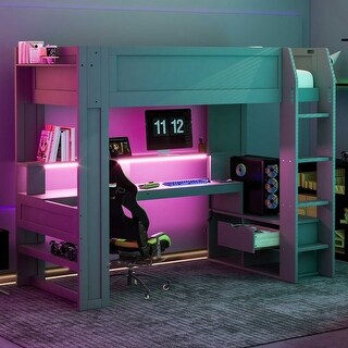 Twin Size Solid Wood MDF Gaming Loft Bed with Desk, Multi-storage Shelves, LED and Charging Station