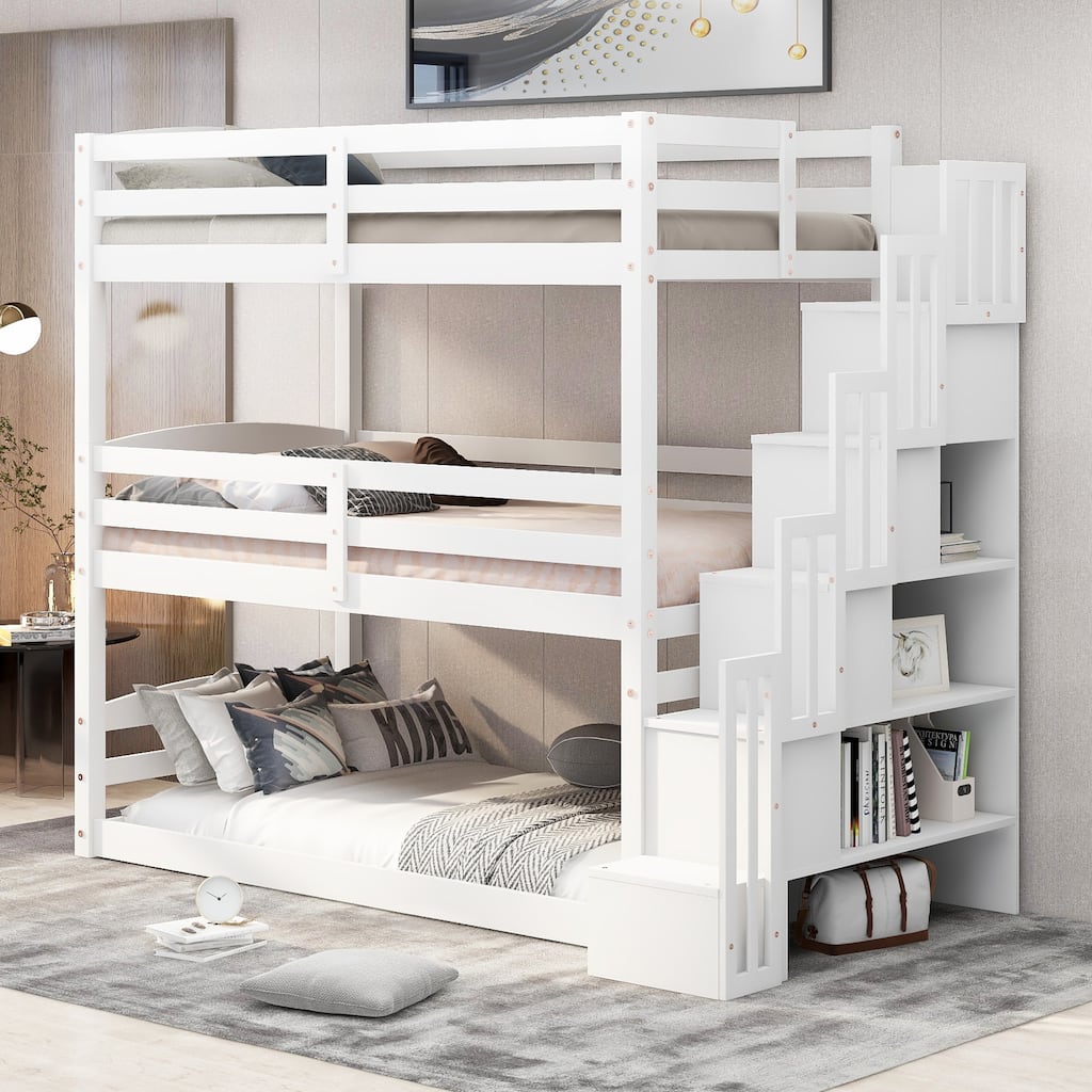 Triple Bunk Bed with Storage Stairs, Twin Size, White, Separate Design
