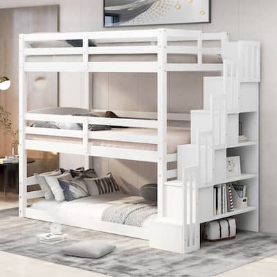 Twin Size Triple Bunk Bed with Storage Staircase,Separate Design,White