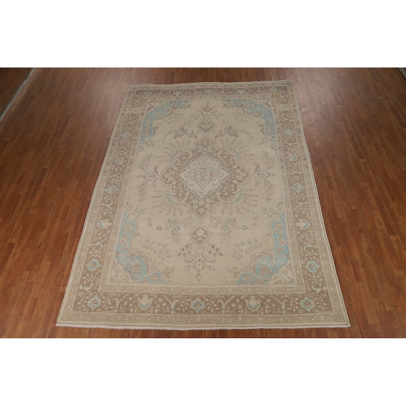 Hand Knotted Oriental 100% Wool Carpet Traditional Floral Beige & Ivories Tabriz Area Rug - 11' 2'' X 7' 7''