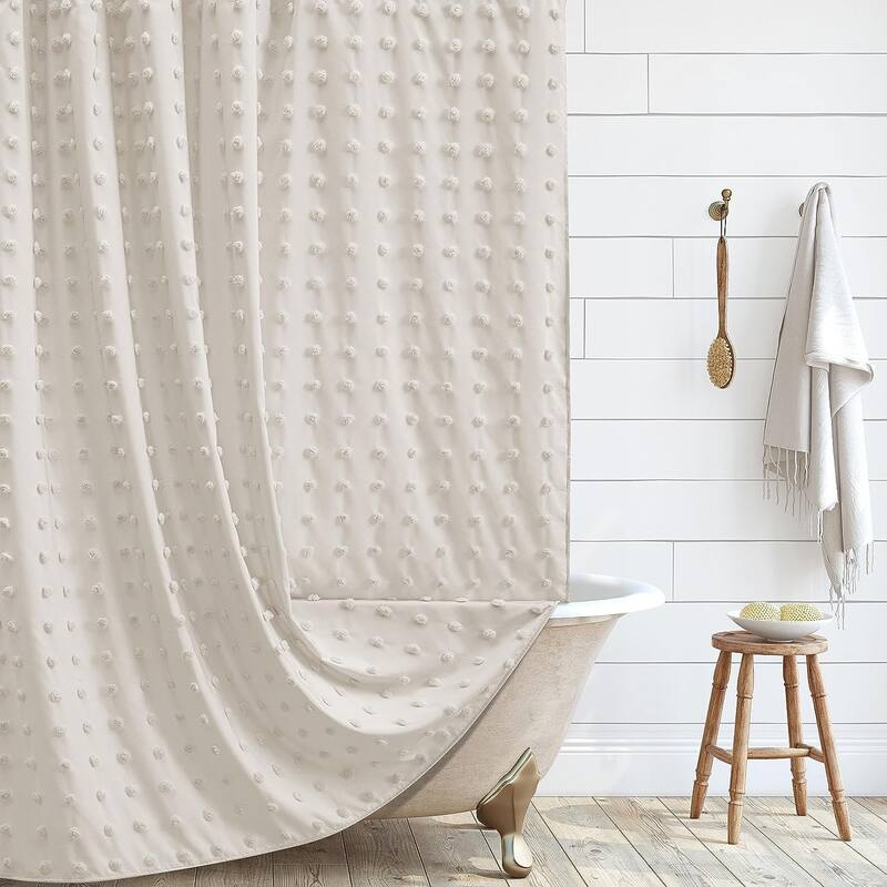 Boho Farmhouse Beige Shower Curtain Woven Fabric Cute Bed Bath