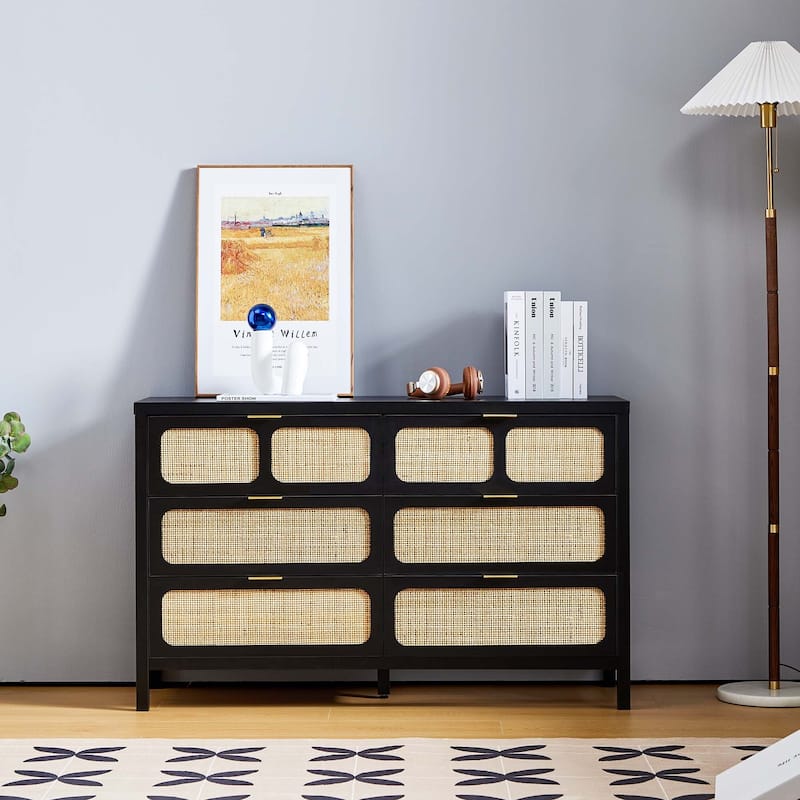Wooden Rattan Woven 6-Drawer Storage Dresser Cabinet - Black