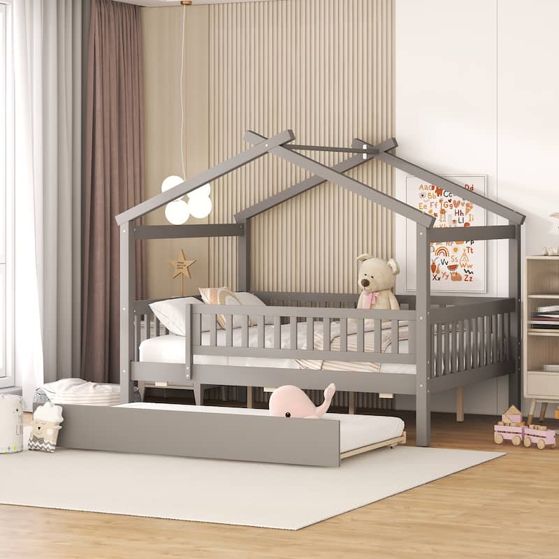 Full Size Wooden House Bed with Twin Trundle, Gray Finish - Gray