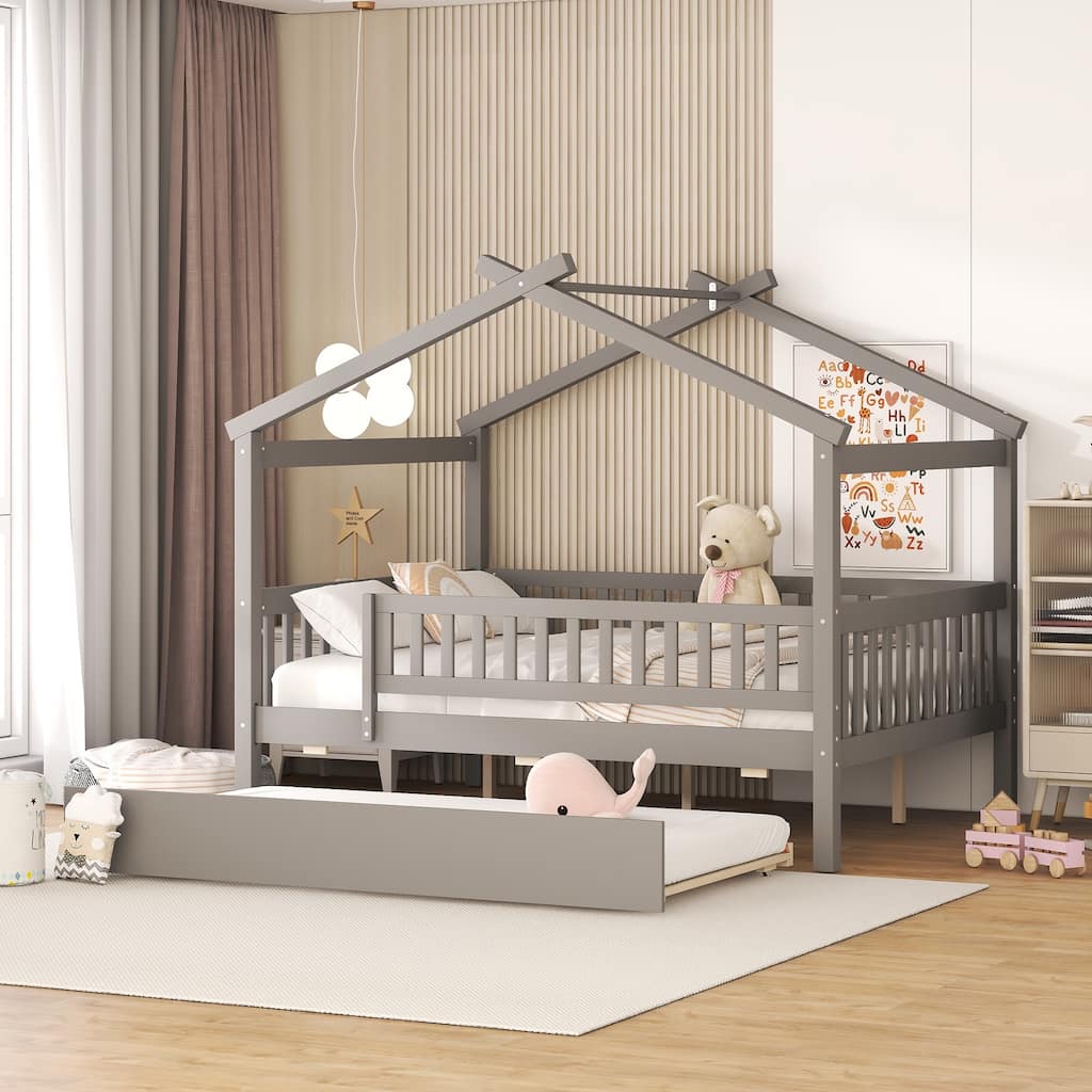 Full Size Wooden House Bed with Twin Trundle, Gray Finish