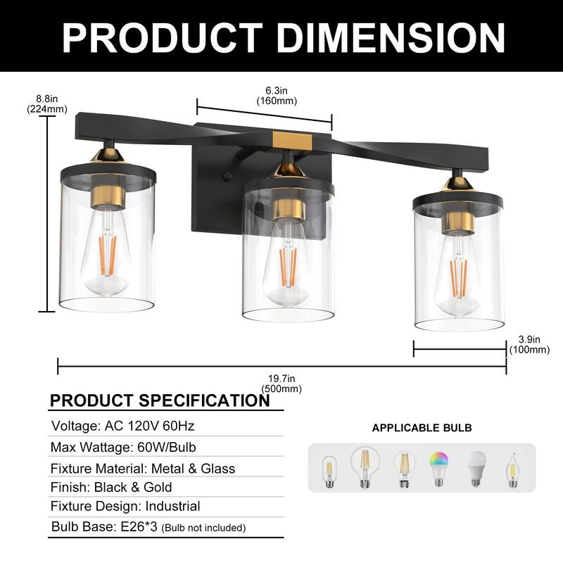 YANSUN 3-Head Industrial Vanity Light with Black Gold Finish and Clear Glass Shade - Modern Retro Style