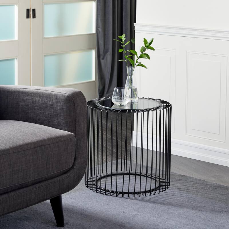 Metal Open Wire Frame Accent Table with Shaded Glass Top - Black - Roche River Decor