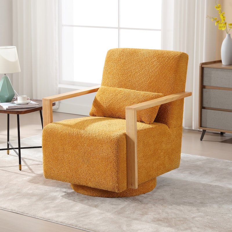 Mid-Century Boucle Upholstered Swivel Armchair With Pillow