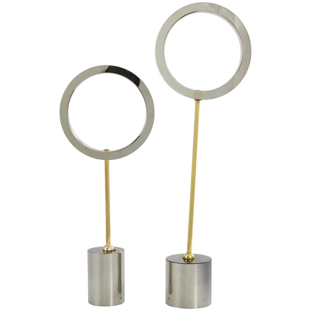 Glass Geometric Round Hoop Decorative Sculpture with Gold Stands and Clear Bases - Set of 2 Silver - CosmoLiving by Cosmopolitan