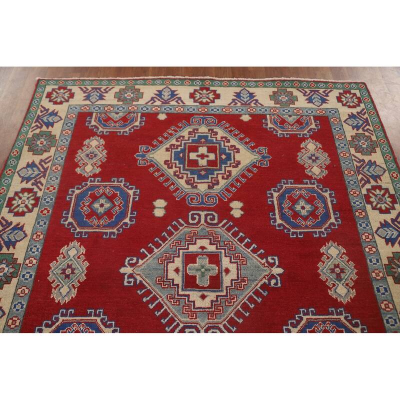 Red Geometric Kazak Area Rug Hand-Knotted Oriental Wool Carpet - 5'5" x 6'5"