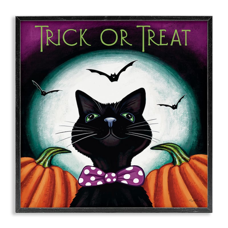 Stupell Trick Or Treat Cat Framed Giclee Art Design By Elizabeth Tyndall - 17 x 17 - Black