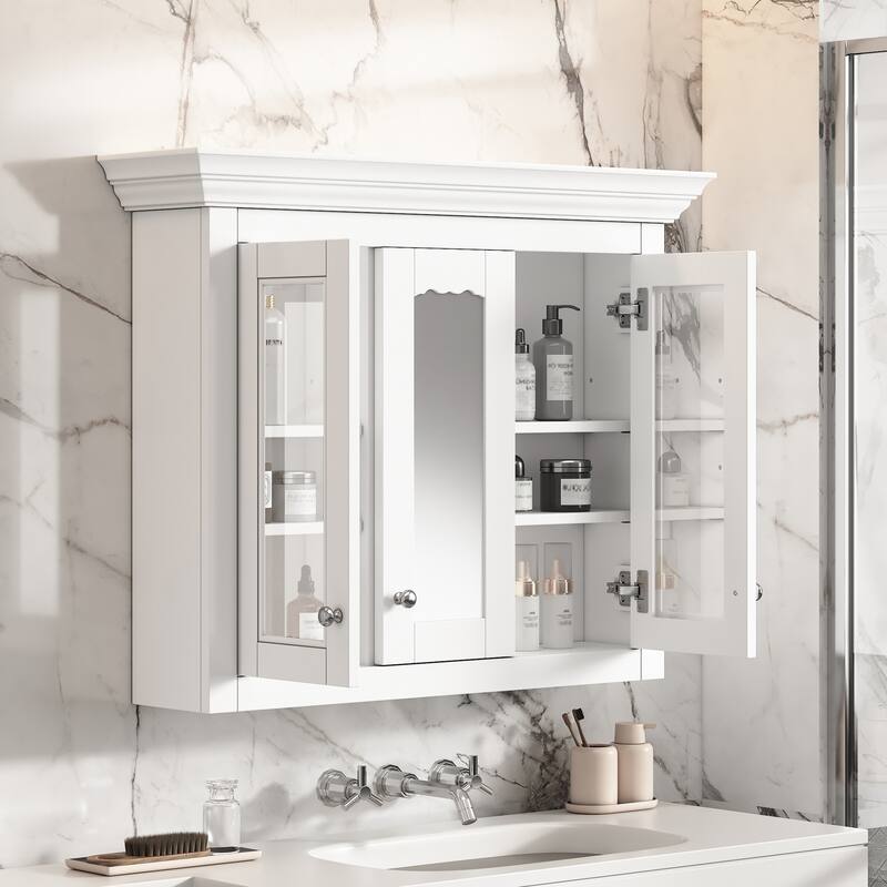 35" Bathroom Medicine Cabinet with Mirror, 5 Closed & Adjustable Shelves, Bathroom Wall Mounted Storage Cabinet with Glass Doors