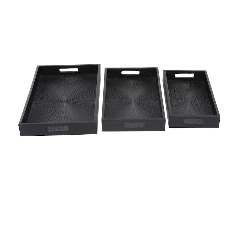 Mango Wood Starburst Carved Tray - Set of 3 Black - Roche River Decor - 13"W x 18"L x 3"H