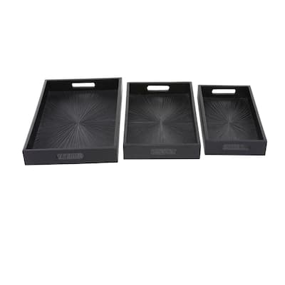 Mango Wood Starburst Carved Tray - Set of 3 Black - Roche River Decor - 13"W x 18"L x 3"H