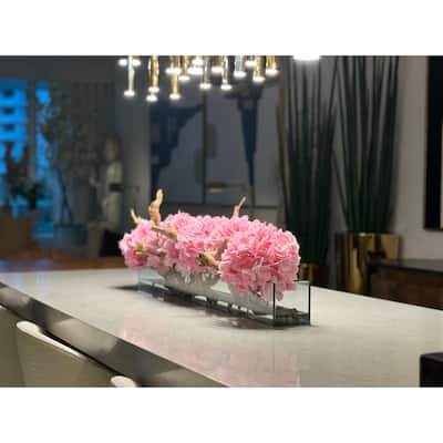 Casa Moderna Glass Plate Planter with Hydrangeas and Driftwood
