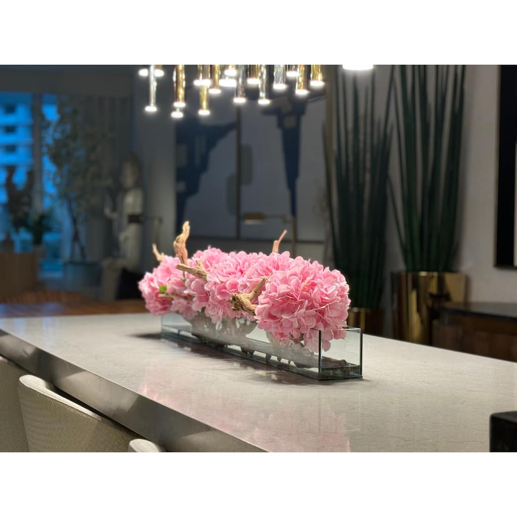 Casa Moderna Glass Plate Planter with Hydrangeas and Driftwood