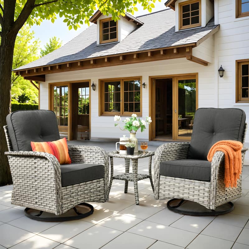 OVIOS 10 Pieces Outdoor Wicker Swivel Chair Set With Solar-Powered Coffee Table