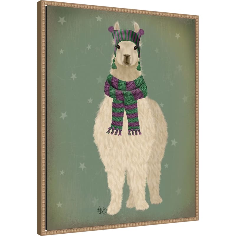 Llama with Purple Scarf, Full by Fab Funky (23 x 28 in.), Framed Canvas Wall Art Print - Sylvie Beaded Rustic Natural