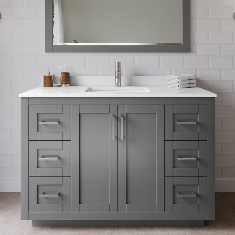 Wyndham Collection WCF292948S-QTZ-UNSM46 Miranda 48" Free Standing - Dark Gray / White Quartz Top / Brushed Nickel